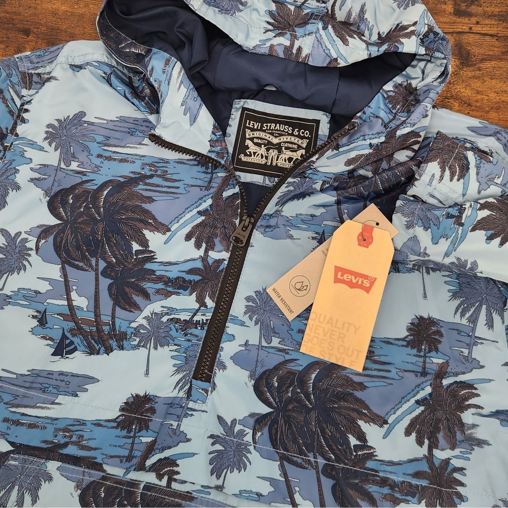 Levis‎ Mens Blue Floral Windbreaker Waterproof Half-Zip Hooded Coat Jacket  2XL